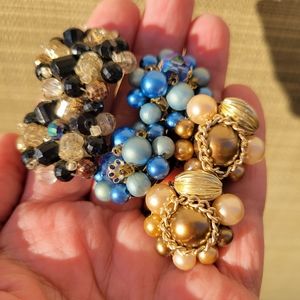 Vintage Beaded Clip-On Earrings (3)  Germany ~ Japan ~ Faux Pearl ~ Blue ~ Black